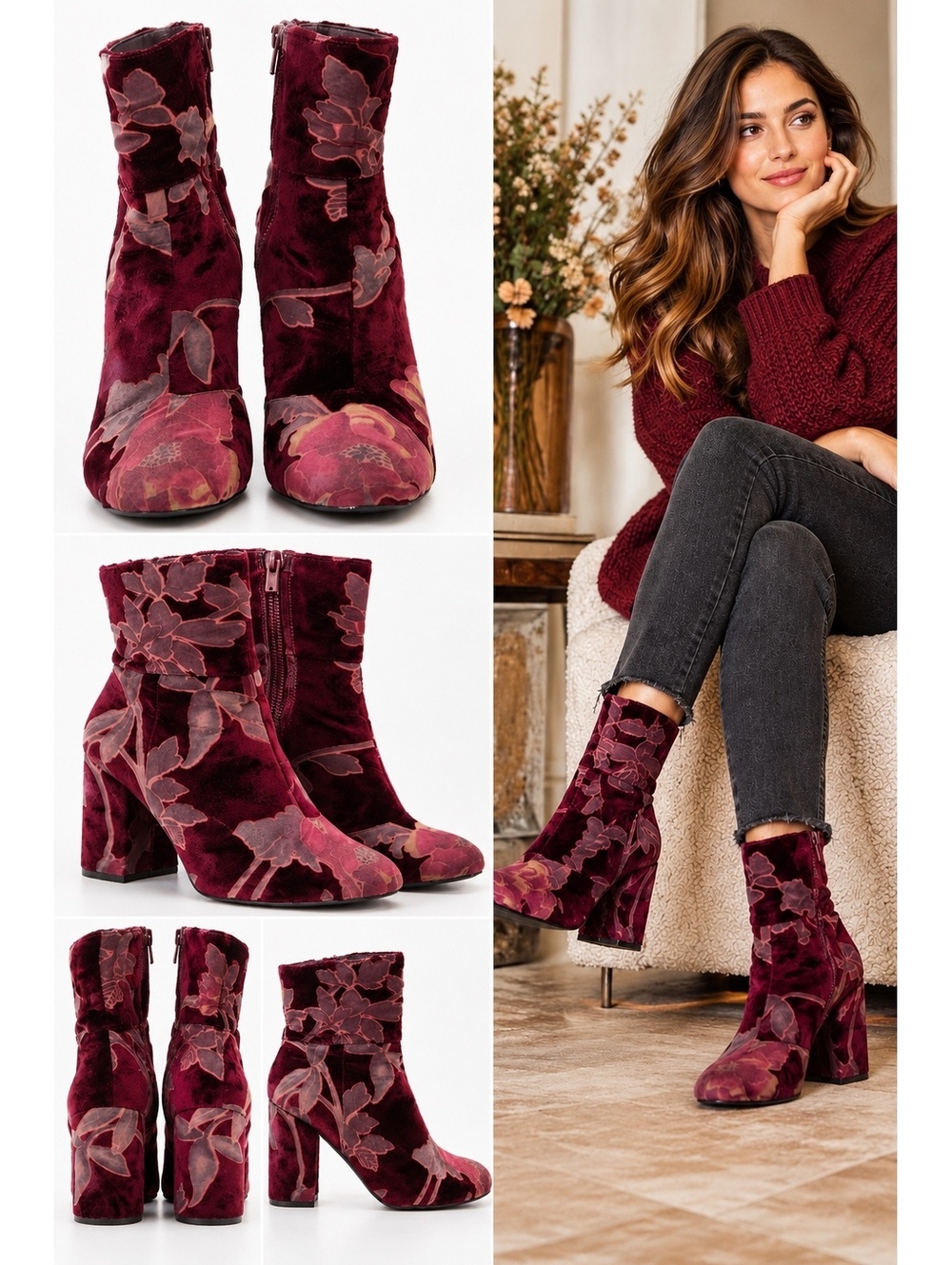 Steve Madden Burgundy Floral Burnout Velvet Booties US 9 Boho Romance